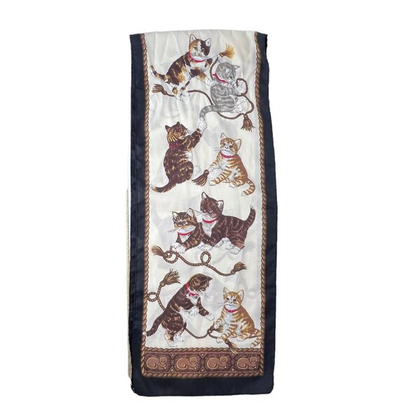 Vintage Kittens and Rope Rectangle Scarf Brown White Silk Tabby Calico 53 in - Picture 3 of 4